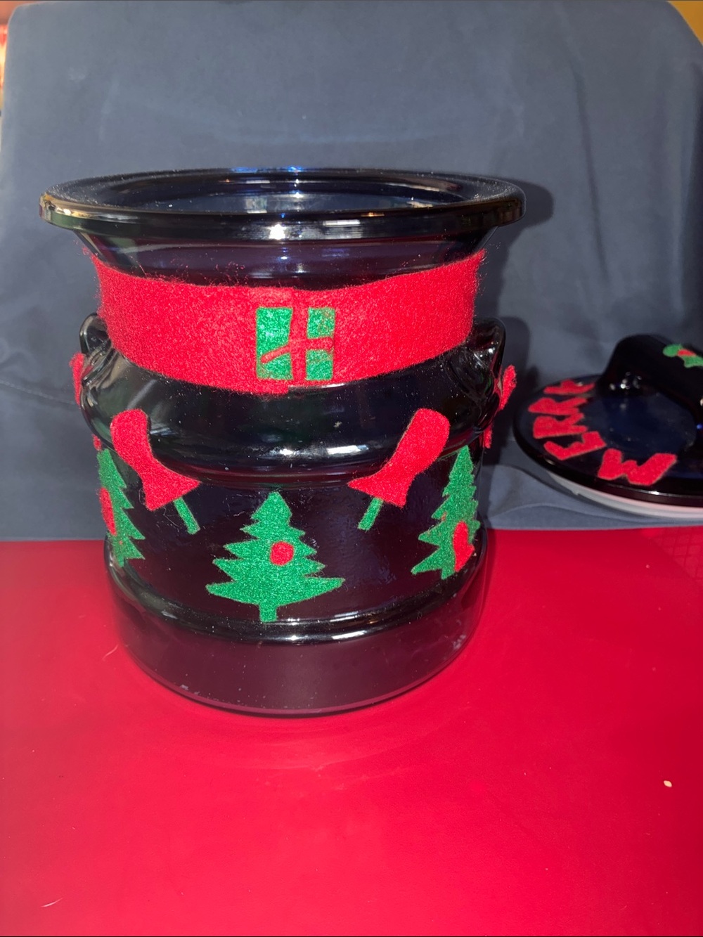 448.         Holiday Ceramic Candle Holder with Red and Green Felt Accents